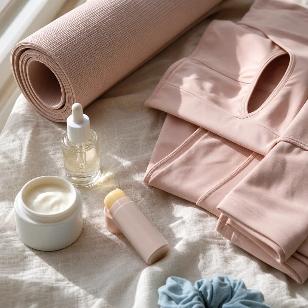 Just Peachy skincare products and pastel fitness wear styled in cream tones